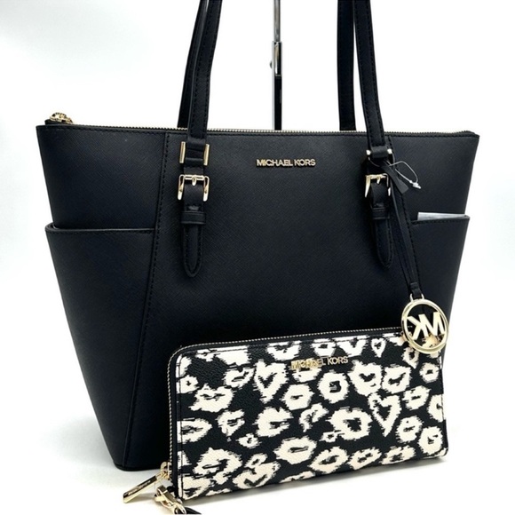 Michael Kors Large Charlotte Tote Bag & Large Continental Wallet Wristlet Black - Picture 1 of 15